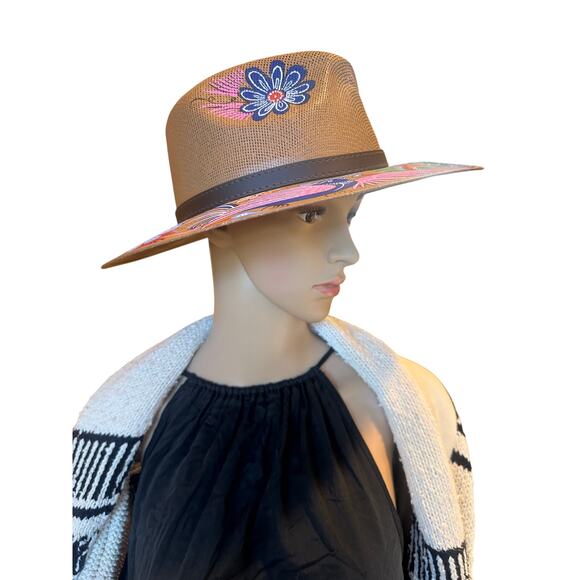 BOHO Hand Painted Artesian Mexican Straw Fedora Hat Floral Birds Artsy SZ Large - Picture 11 of 16